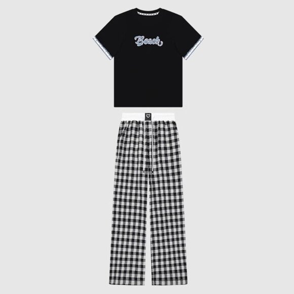 B.Sure Black Short-Sleeved Plaid Trousers Suit - Picture 1 of 4